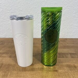 Starbucks White Pearl Stainless Steel Vacuum & Holiday Green Swirl Tumbler 16oz